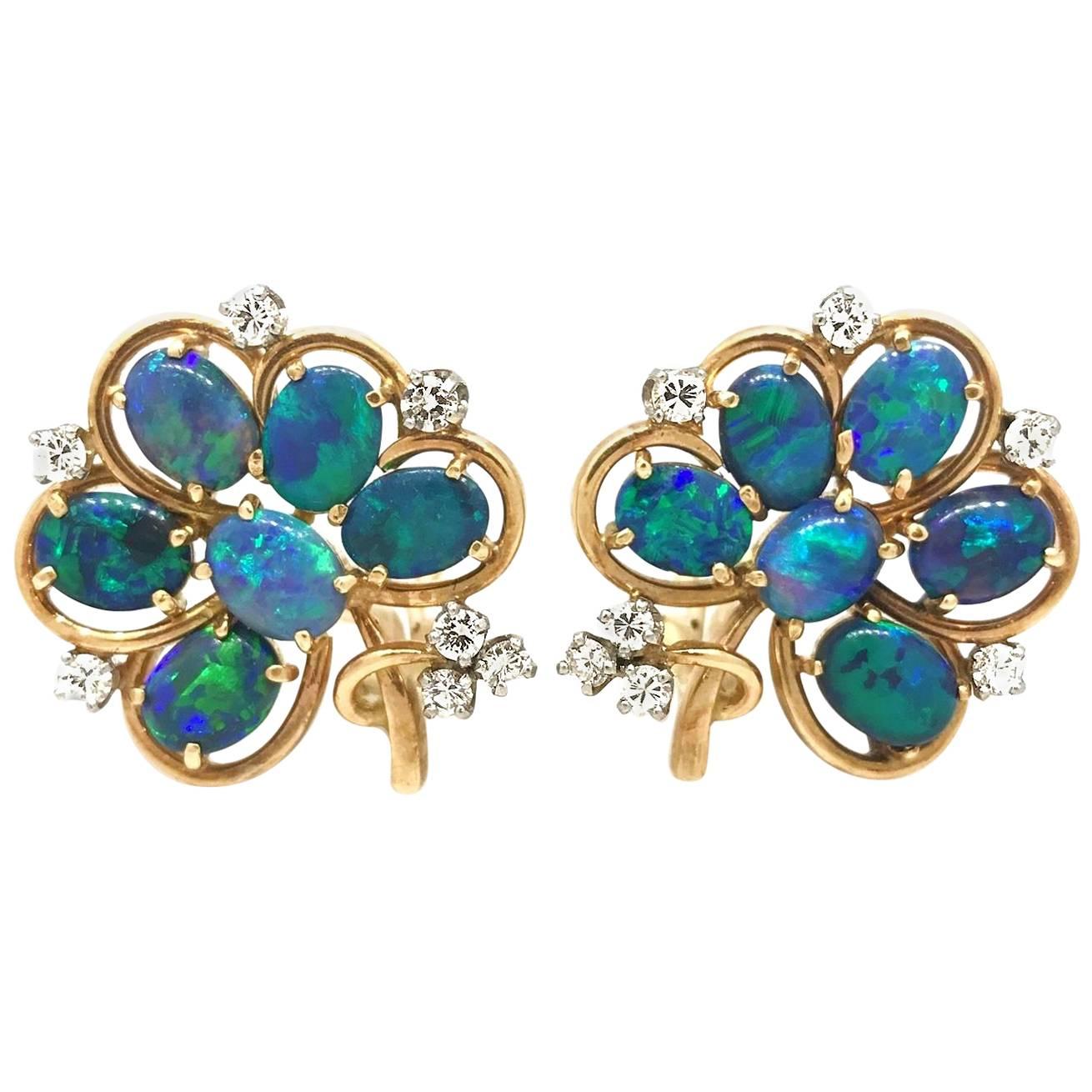 Vintage Black Opal Flower Earrings with Diamonds in 14 Karat Yellow Gold
