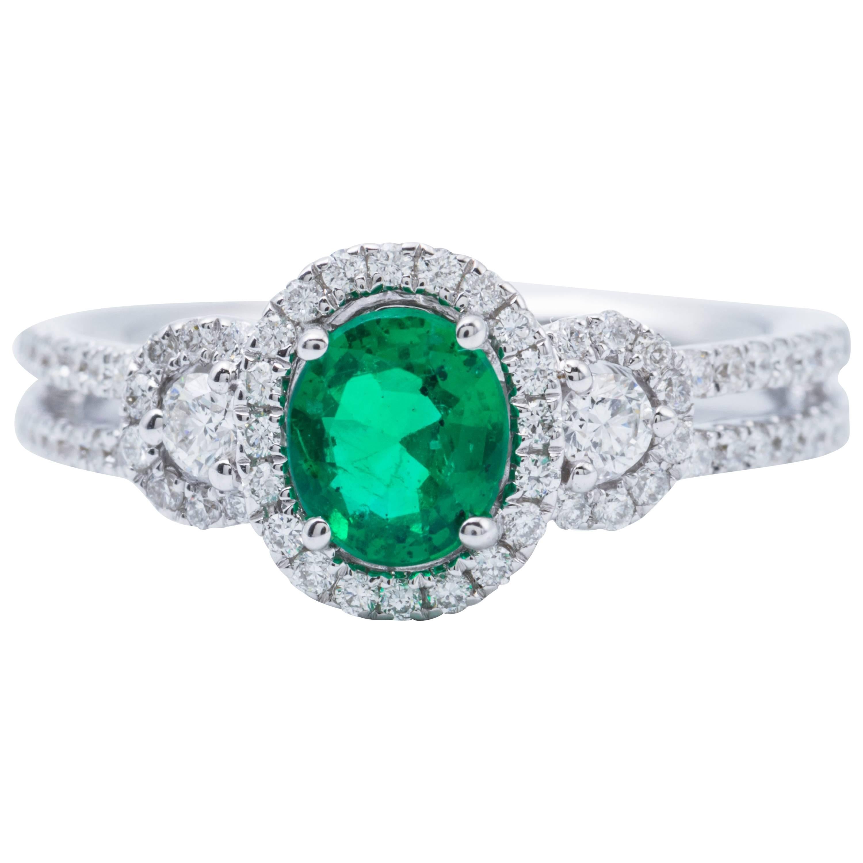 Oval Shape Emerald Diamond Gold Halo Engagement Cocktail Ring