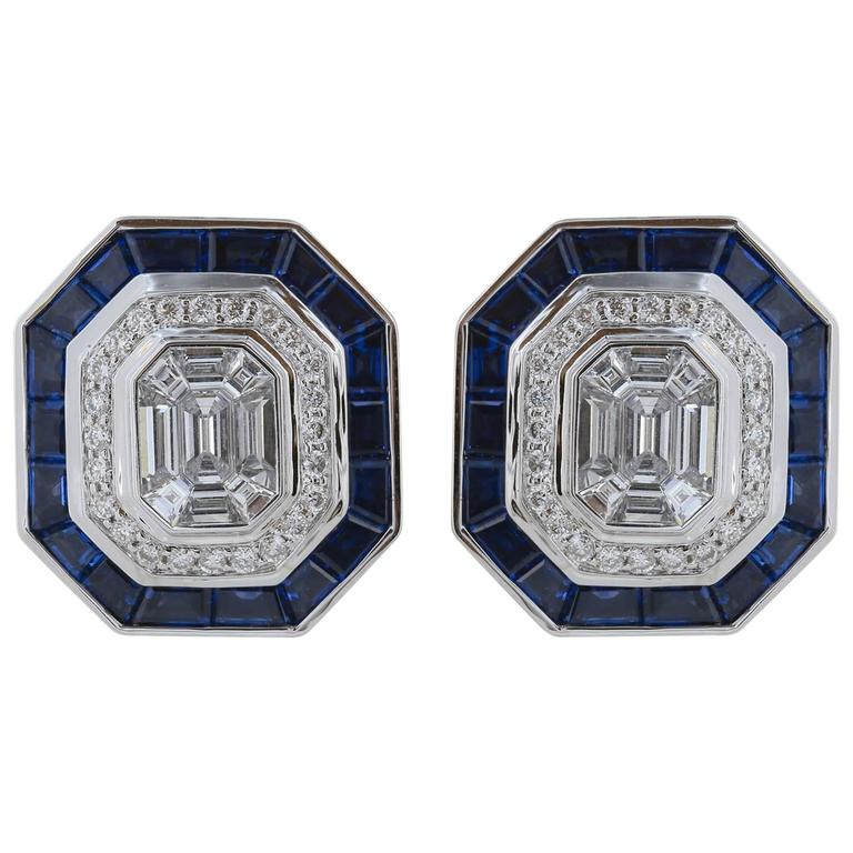 Diamond Sapphire White Gold Octagon Shaped Earrings For Sale