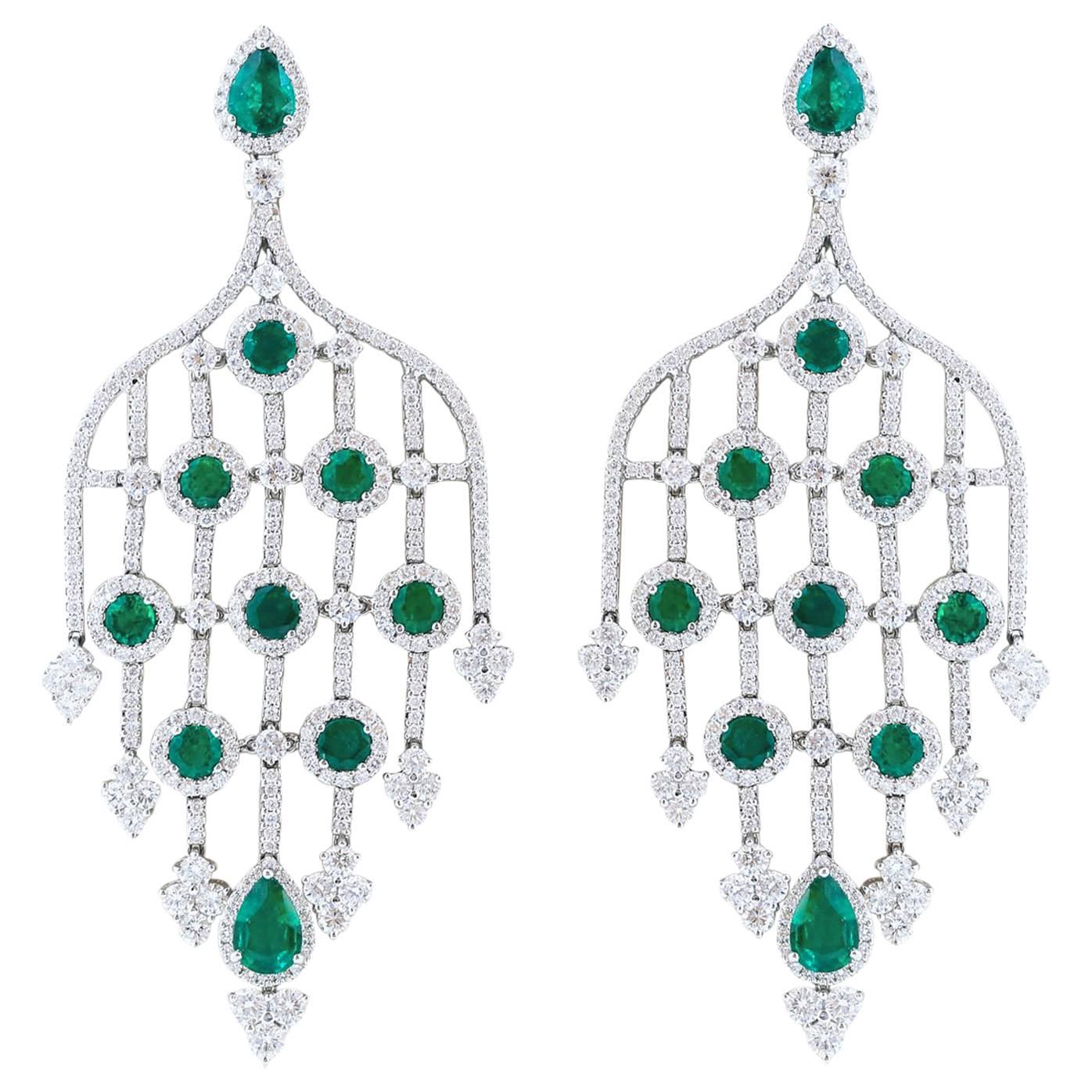 Emerald Diamond White Gold Chandelier Earrings For Sale