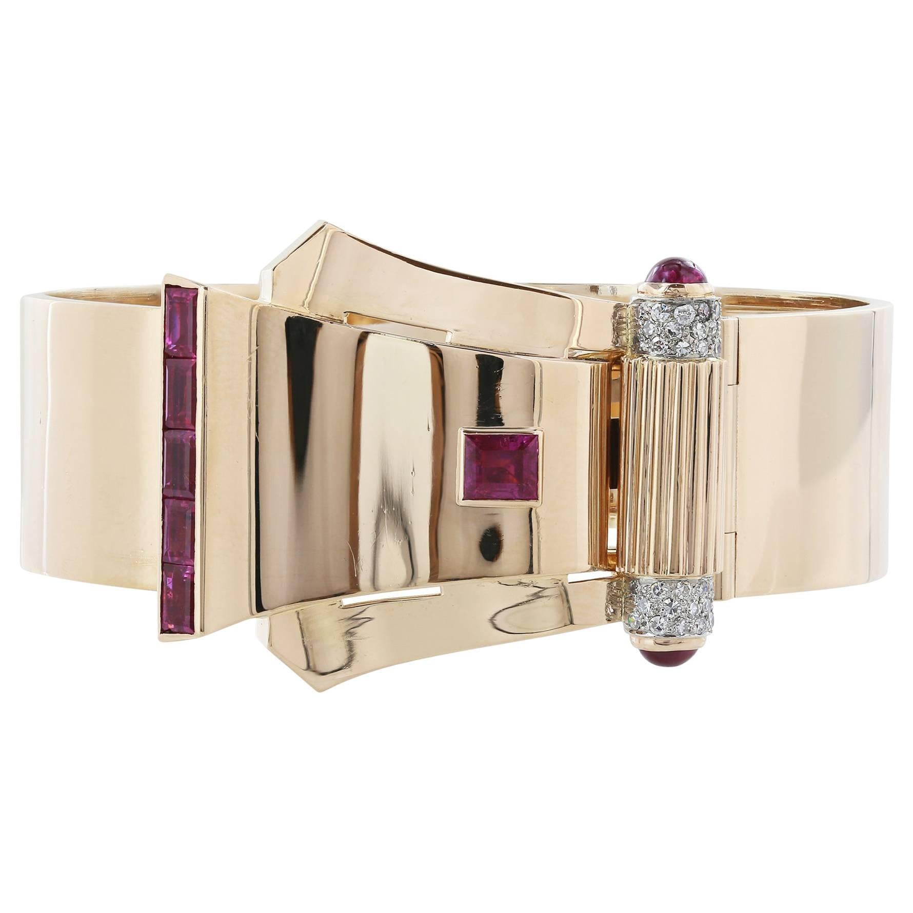Retro 3.50 Carat Pink Ruby and .75 Diamond Buckle Bracelet For Sale