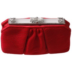 Judith Leiber Red Satin and Silver Crystal Evening Bag with Silver Hardware