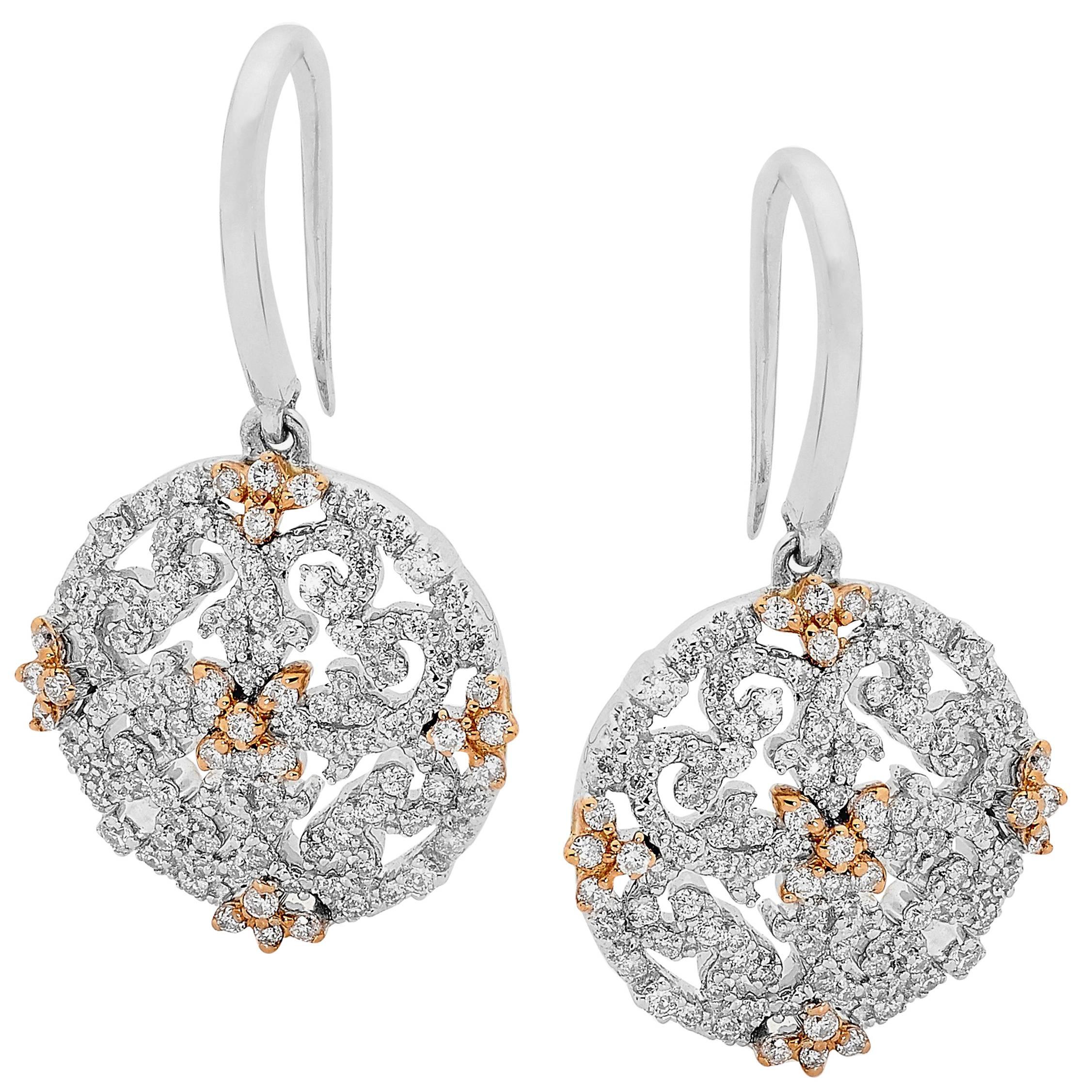 Diamonds Filigree Drop Earrings in White and Rose Gold  For Sale