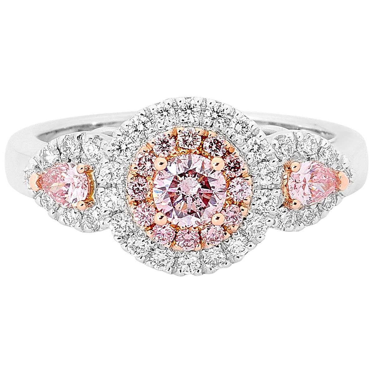 Pink White Diamond Gold Halo Three Stone Ring with Pear Shoulders