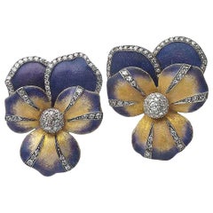 Enamel and Diamond Pansy Flower Earrings