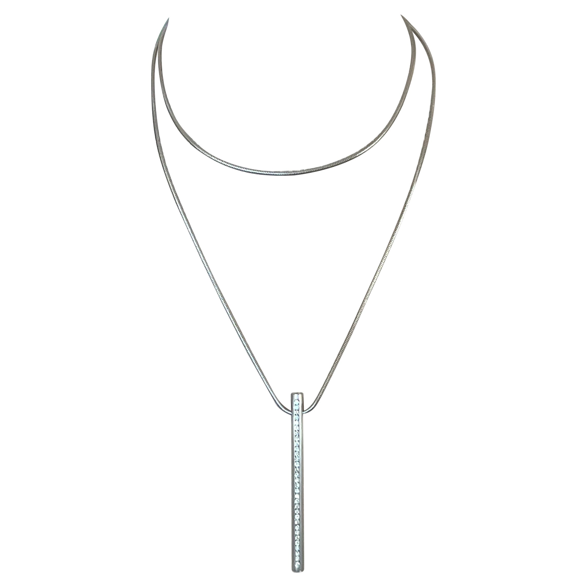 Platinum Pavé Diamond Bar Pendant Necklace and Snake Chain
