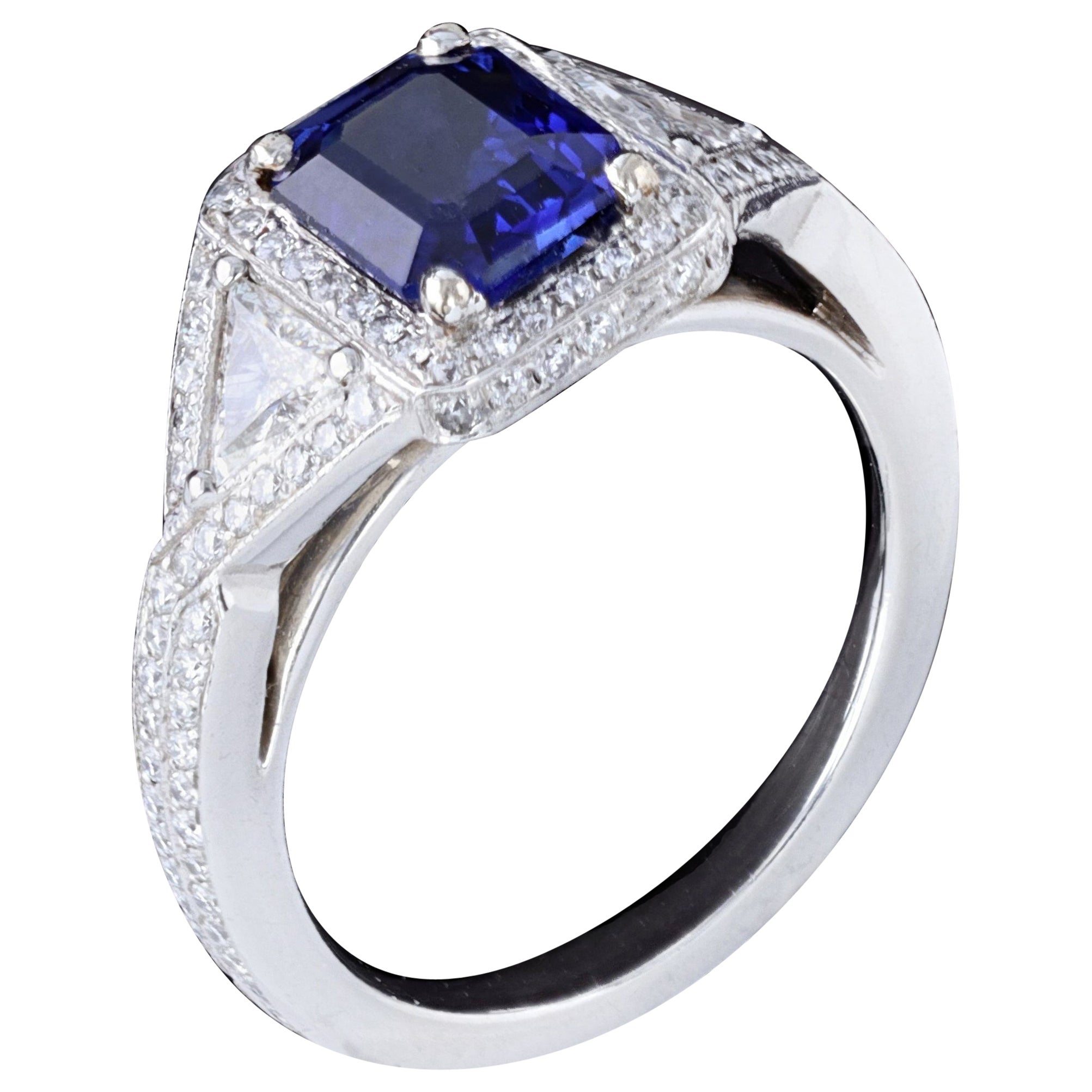 Platinum Emerald Cut Sapphire and Diamond Ring
