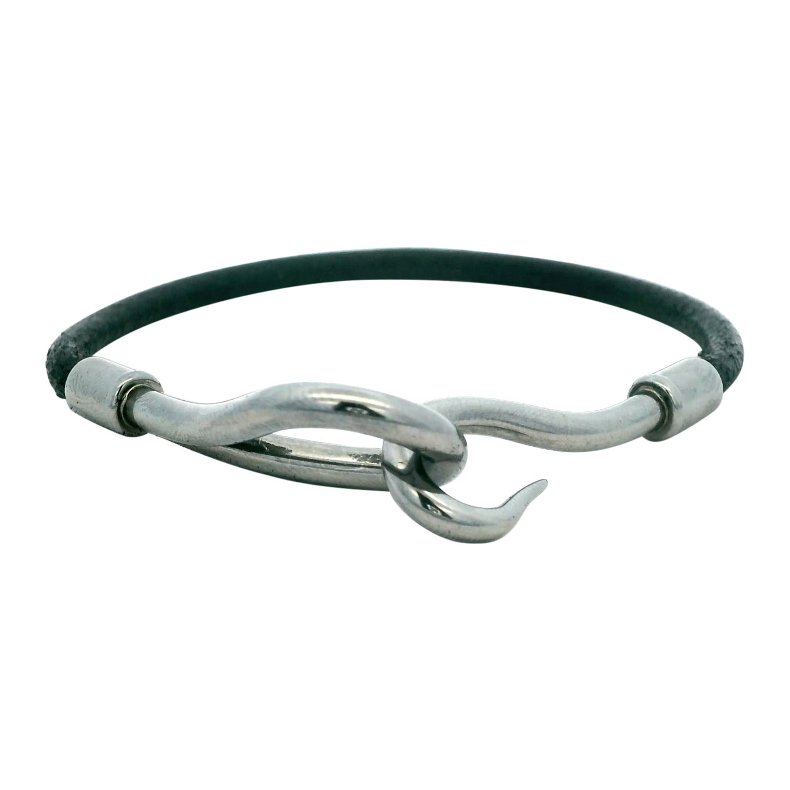 Hermès Black Leather Silver Metal Jumbo H Bracelet