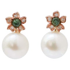 Pearls, Emeralds, Diamonds, Rose Gold Flower Earrings.