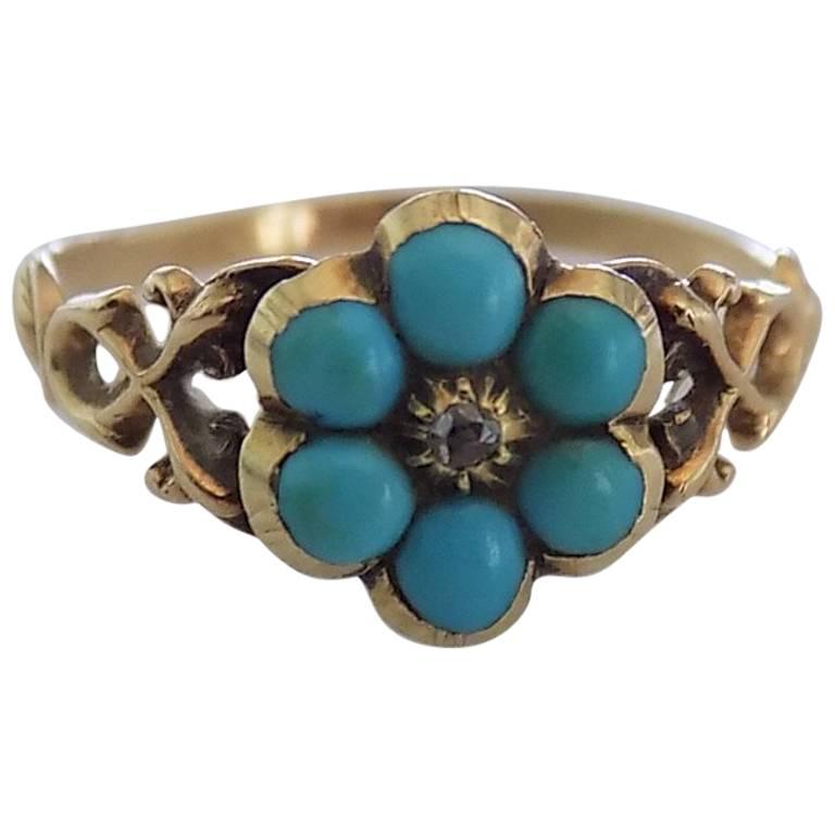 Georgian Turquoise Diamond Gold Cluster Flower Ring