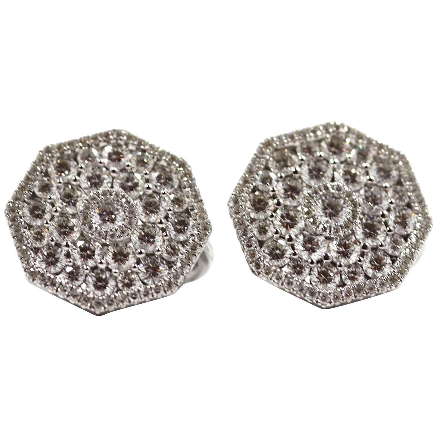 Octagonal Shaped 'Starburst' Diamond White Gold Cluster Stud Earrings For Sale