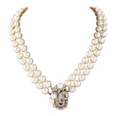 Collier de perles Art déco à double rang avec fermoir en or 14 carats, diamants et perles