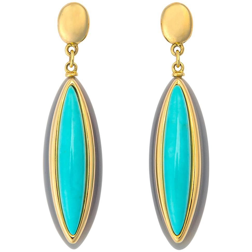 Elegant Turquoise Italian Gold Drop Earrings For Sale