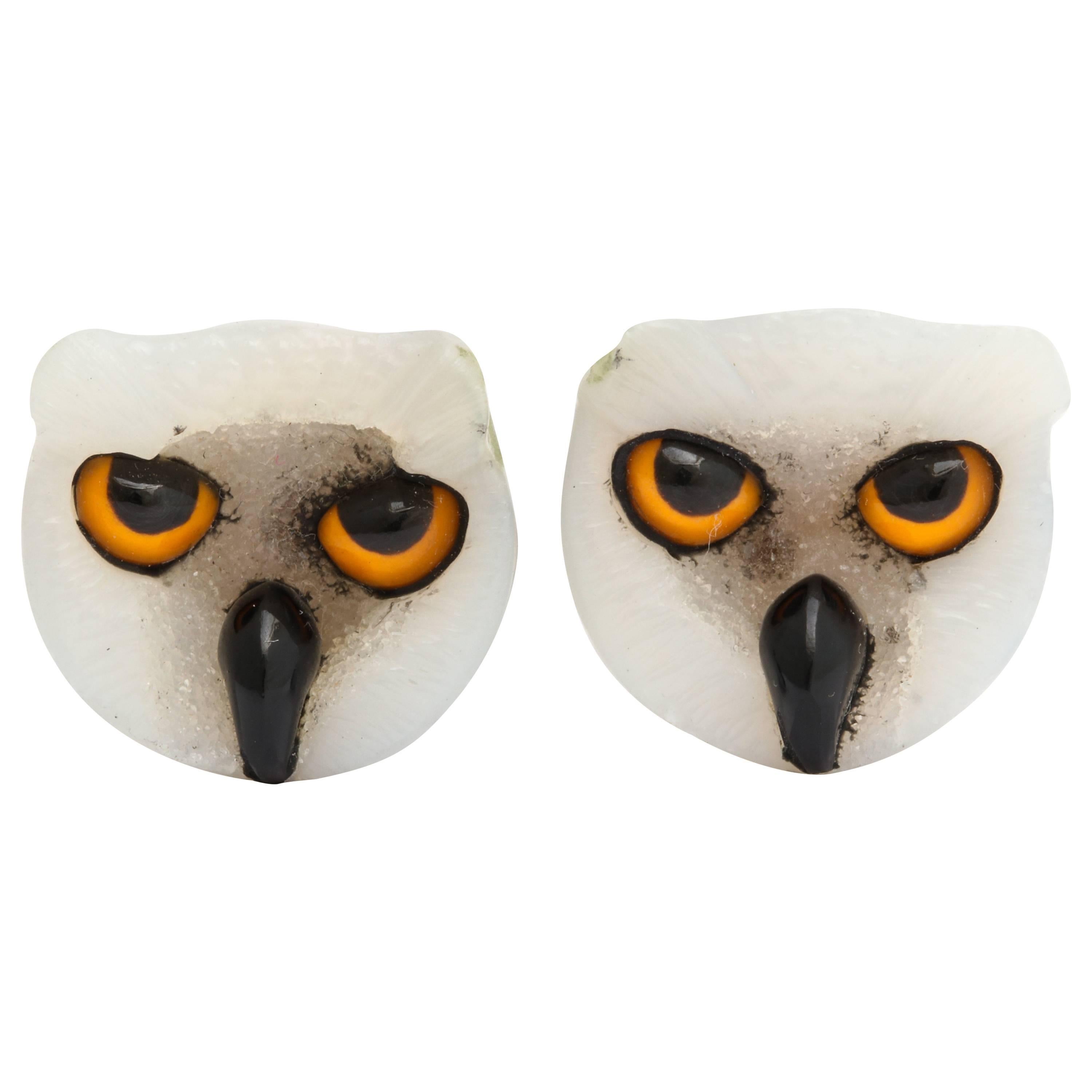 Michael Kanners Gold and White Agate Owl Cufflinks