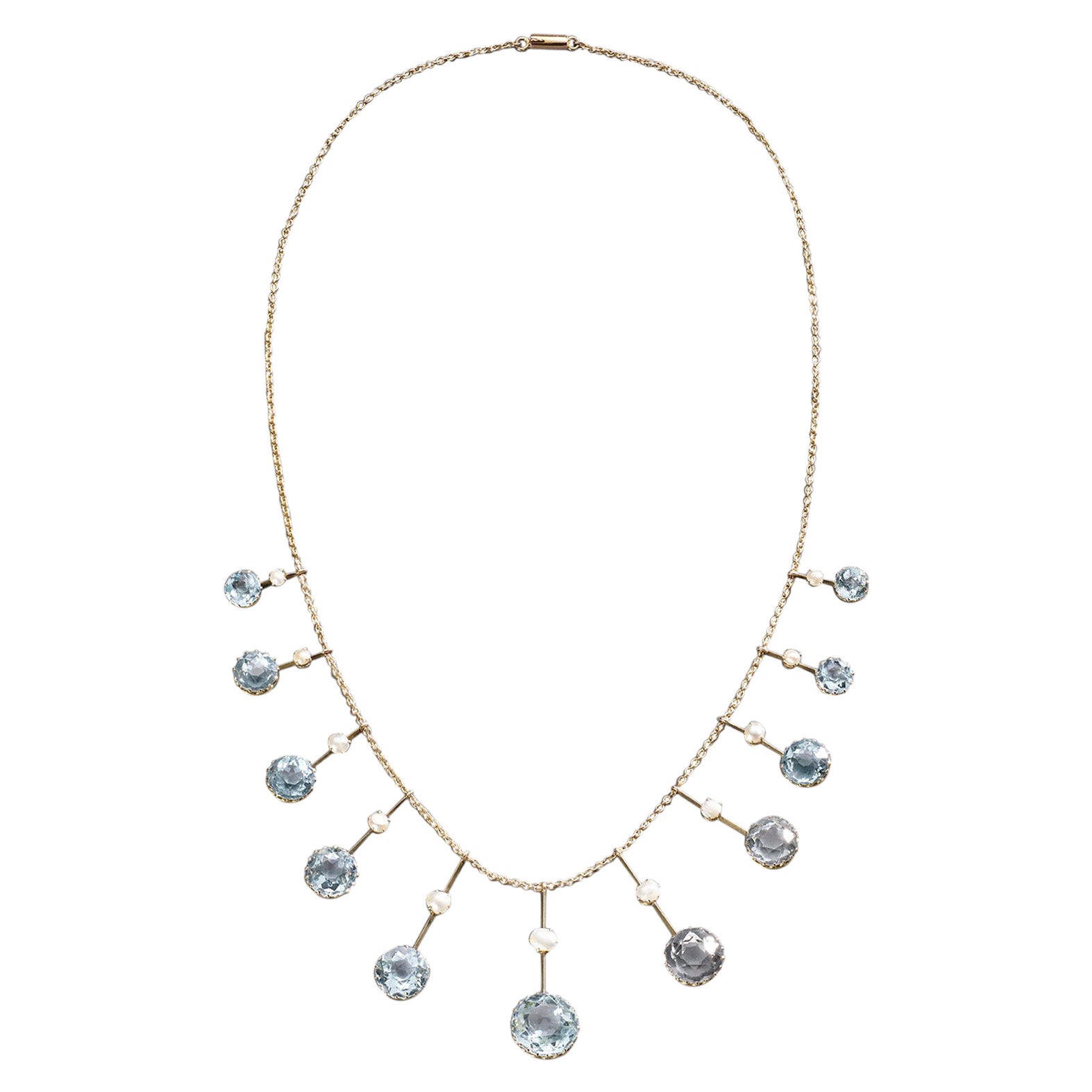 Aquamarine and Pearl Drop Gold Fringe Necklace