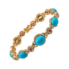 Pulsera de Oro Amarillo Estilo Art Decó Diamante Blanco Rubí Corte Cabujón Turquesa