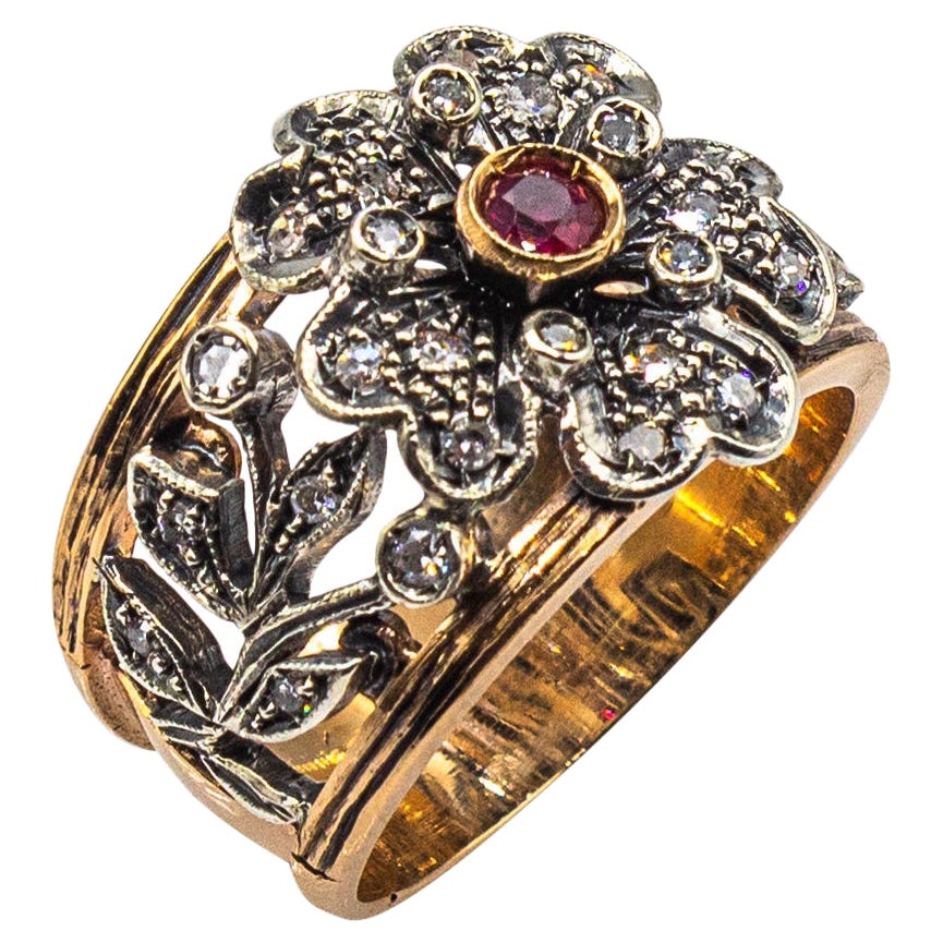 Art Deco Style Handcrafted White Diamond Ruby Yellow Gold Band "Flower" Ring