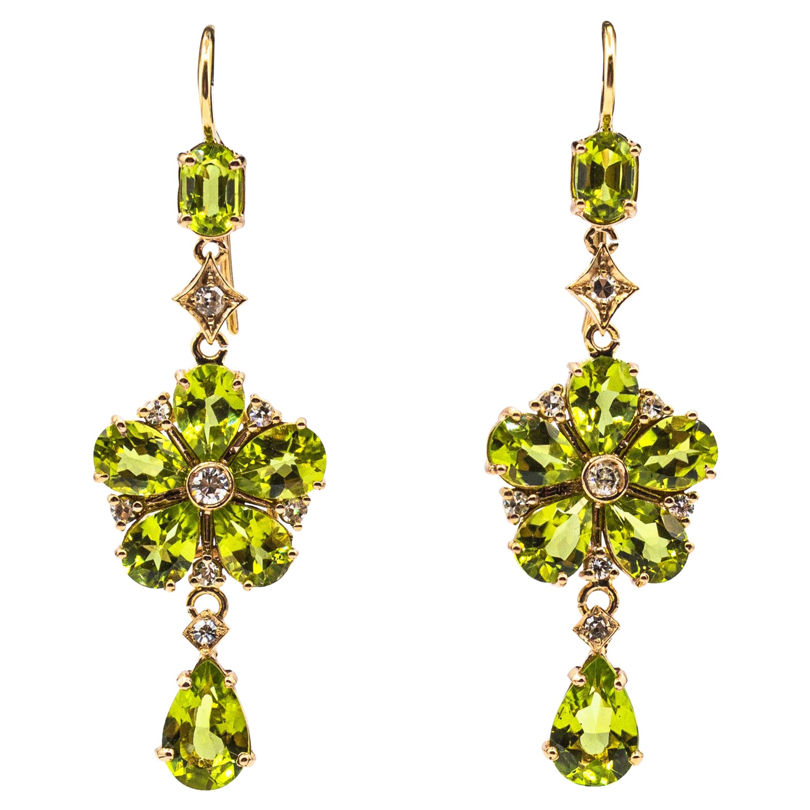 Art Nouveau Style White Diamond Pear Cut Peridot Yellow Gold Flowers Earrings
