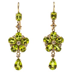 Art Nouveau Style Weißer Diamant Birnenschliff Peridot Gelbgold Blumen Ohrringe
