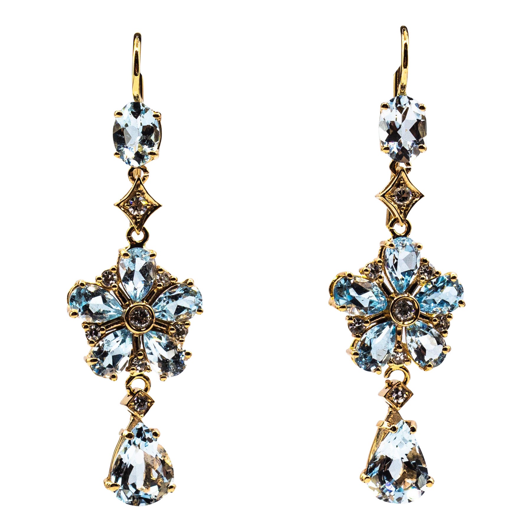 Art Nouveau Style White Diamond Pear Cut Aquamarine Yellow Gold Flowers Earrings