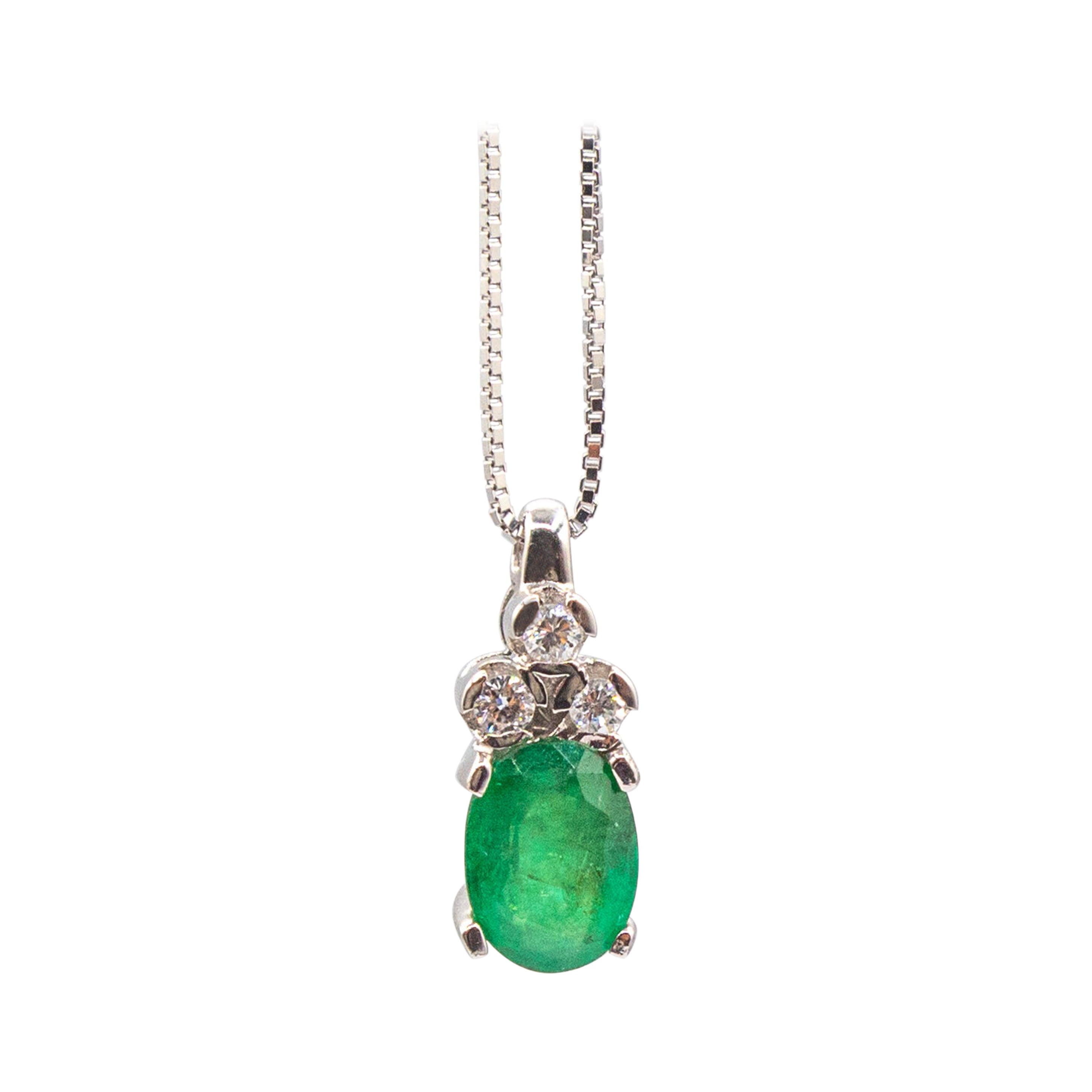 Art Deco Style White Diamond Oval Cut Emerald White Gold Pendant Necklace