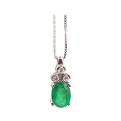 Art Deco Style White Diamond Oval Cut Emerald White Gold Pendant Necklace