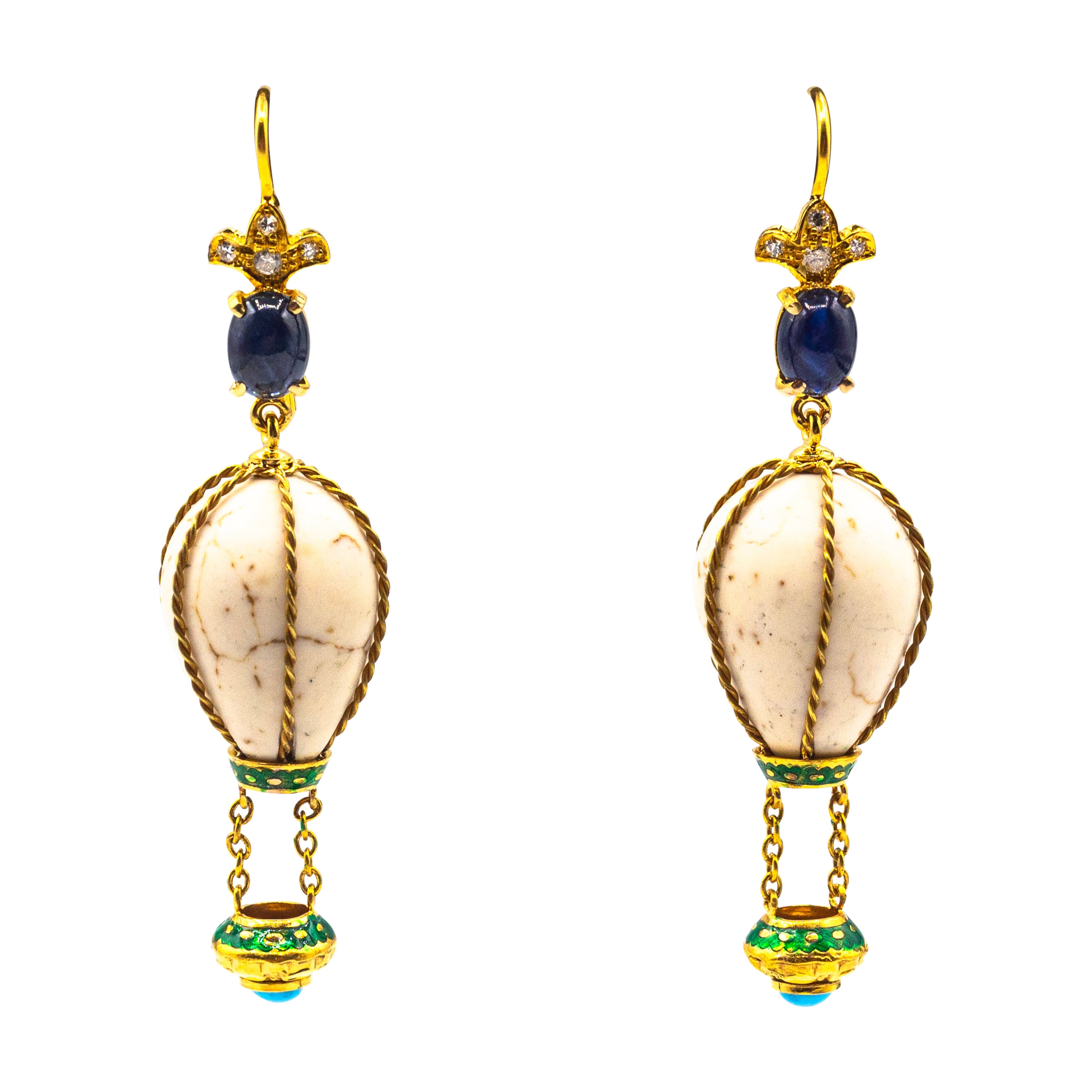 Handcrafted Diamond Turquoise Blue Sapphire Yellow Gold Hot-Air Balloon Earrings