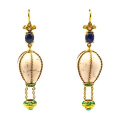 Handcrafted Diamond Turquoise Blue Sapphire Yellow Gold Hot-Air Balloon Earrings