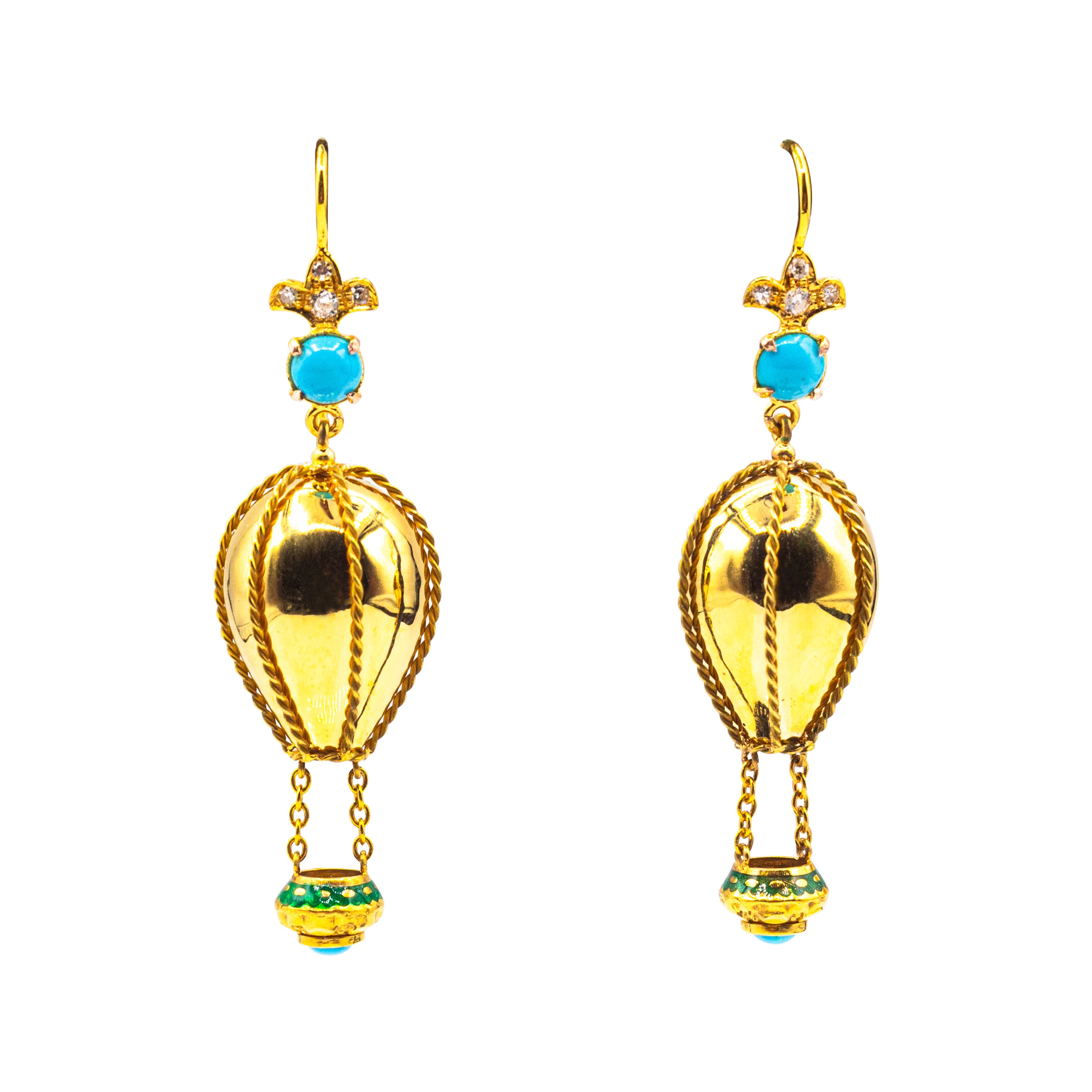 Handcrafted White Diamond Turquoise Yellow Gold "Hot-Air Balloon" Drop Earrings For Sale