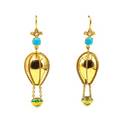 Pendientes Artesanales de Oro Amarillo con Diamantes Blancos y Turquesa "Globo Aerostático