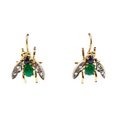 Art Nouveau Pendientes "Moscas" Diamante Blanco Zafiro Azul Esmeralda Oro Amarillo