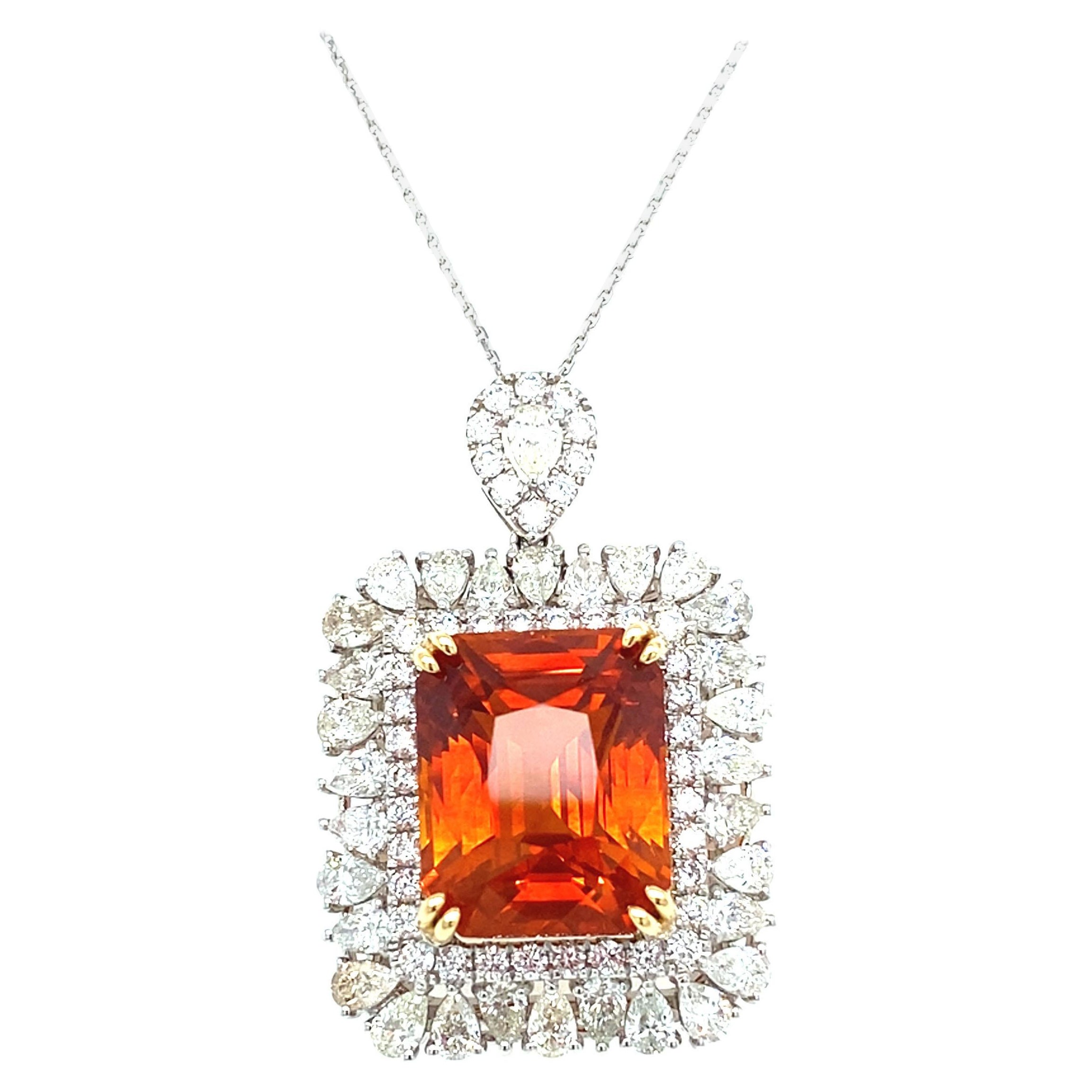 GIA Certified 18.62 Carat Emerald Cut Orange Sapphire Diamond Pendant Necklace For Sale
