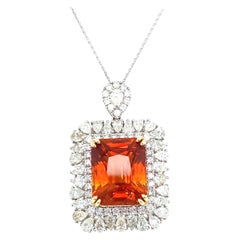GIA Certified 18.62 Carat Emerald Cut Orange Sapphire Diamond Pendant Necklace