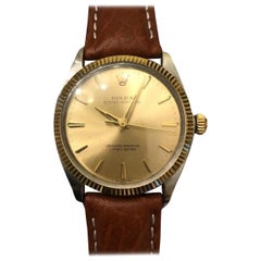 Rolex Oyster Perpetual 34mm 14k Gelbgold geriffeltes Leder mit geriffelter Lünette