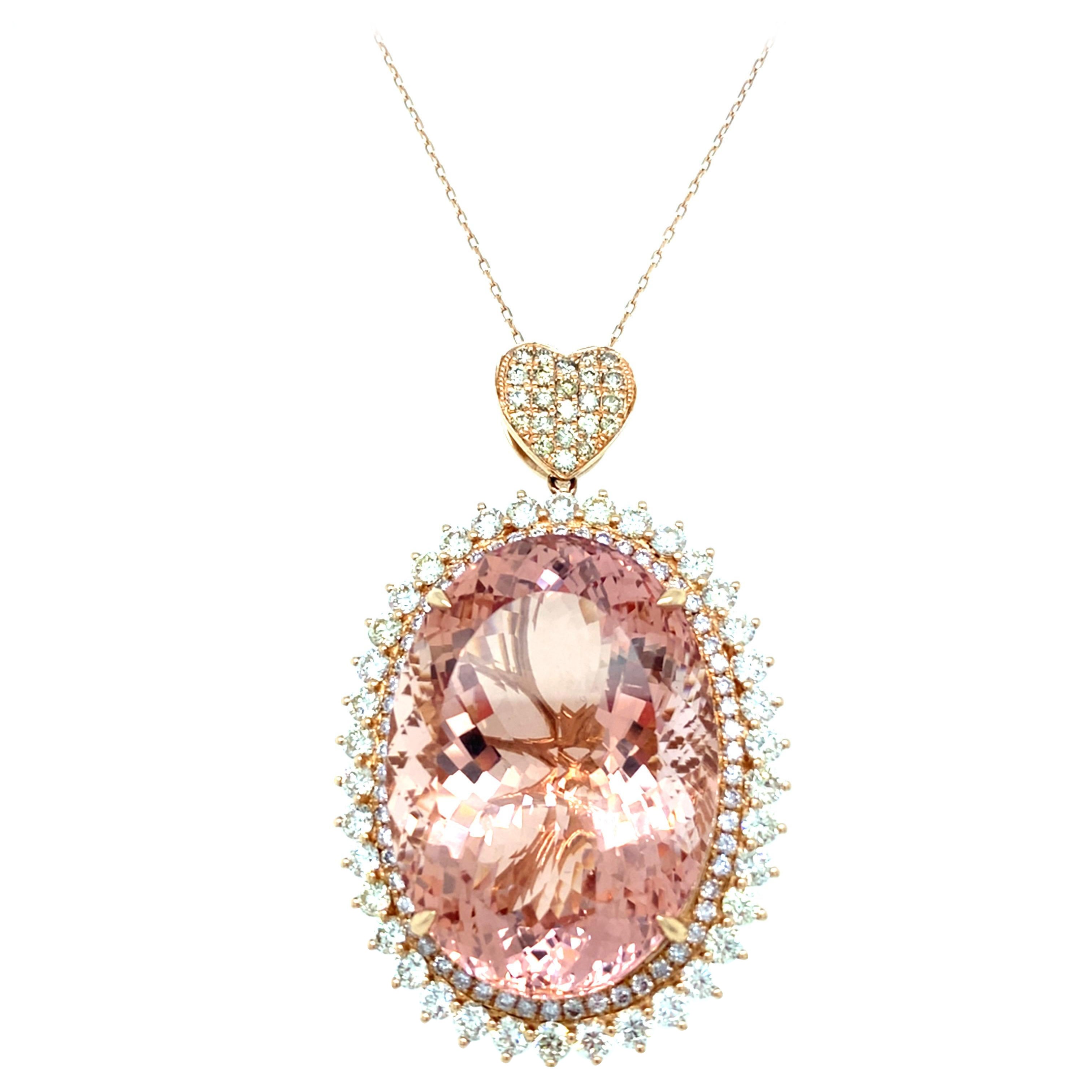 70.30 Carat Oval Cut Morganite Diamond Rose Gold Pendant For Sale