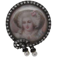 Natural Pearls and Rose Cut Diamonds on a Silver over Gold Painted Portrait Pin 11