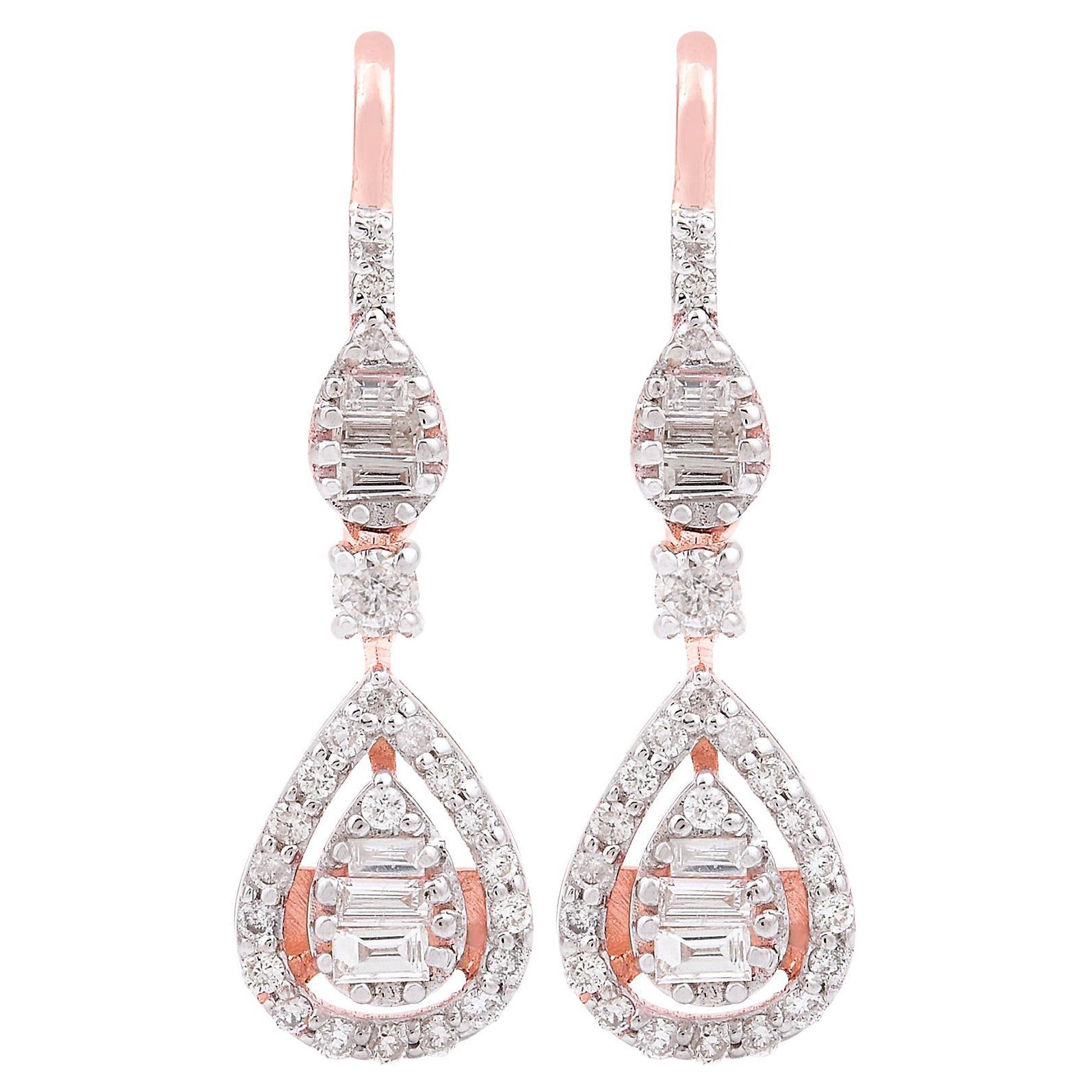 Baguette Round Diamond Dangle Earrings 14 Karat Rose Gold Handmade Fine Jewelry