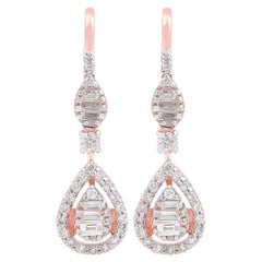 Baguette Round Diamond Dangle Earrings 14 Karat Rose Gold Handmade Fine Jewelry