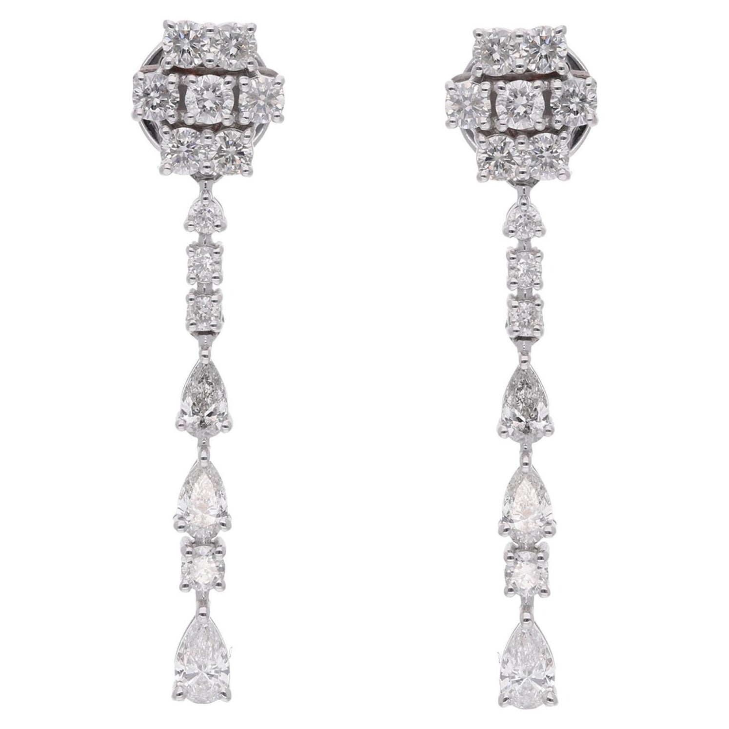 1.61 Carat Pear & Round Diamond Dangle Earrings 14 Karat White Gold Fine Jewelry