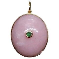 Colgante Ópalo Rosa Cabujón Forma Ovalada Oro Amarillo 14k Bisel Esmeralda Cabujón Redondo