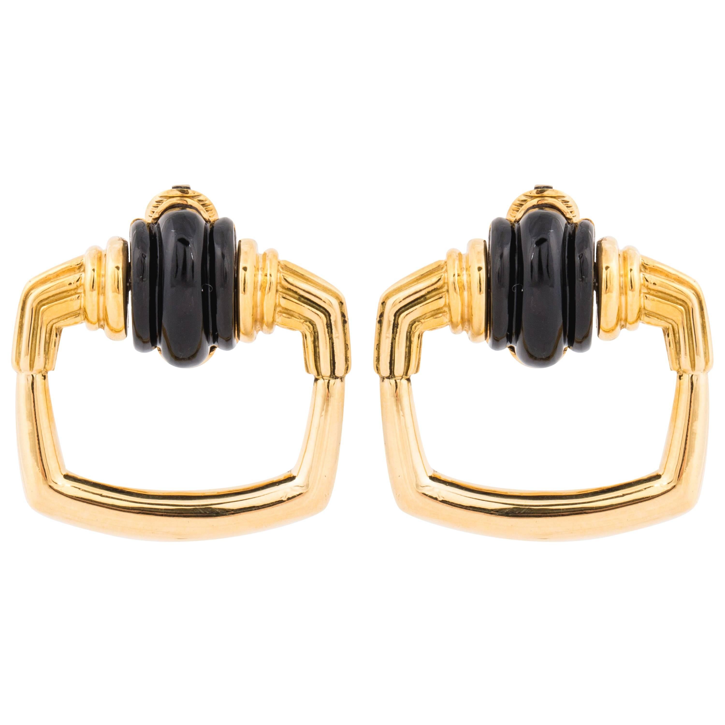 Aldo Cipullo 18K Yellow Gold Onyx Doorknocker Earrings For Sale