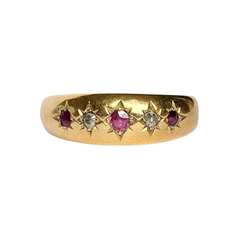 Edwardian Ruby and Diamond 18 Carat Gold Three-Stone Gypsy Ring
