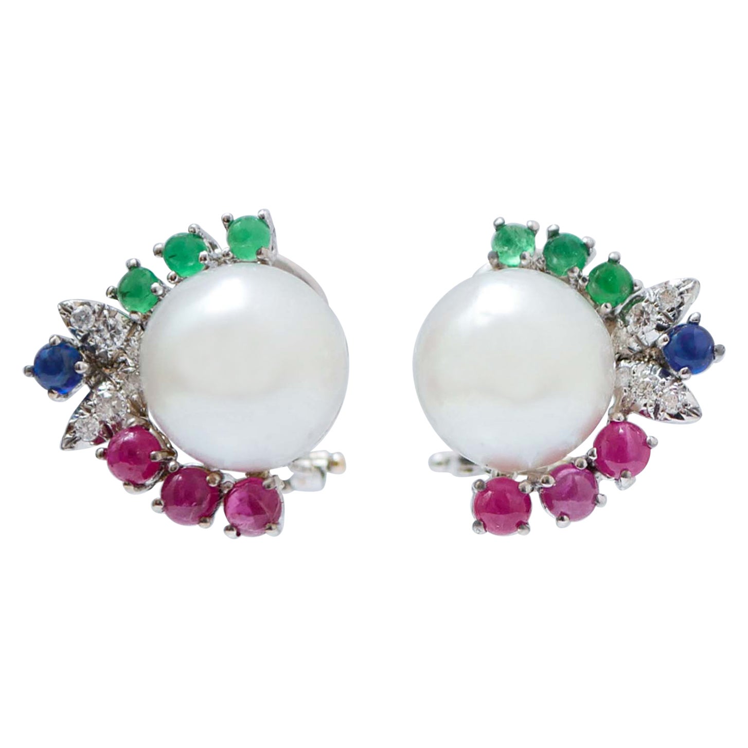 11, 5 Mm White Pearls, Rubies, Emeralds, Sapphires, 18 Kt White Gold Earrings.