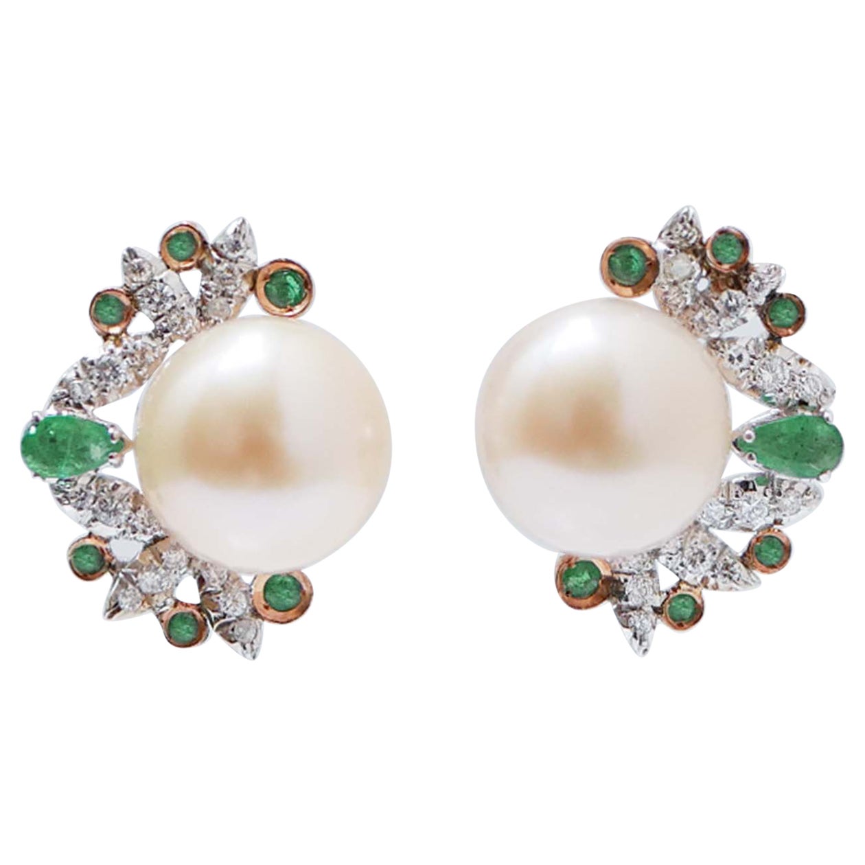 12 Mm Pearls, Emeralds, Diamonds, 14 Kt White and Rose Gold Earrings.