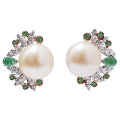 12 Mm Pearls, Emeralds, Diamonds, 14 Kt White and Rose Gold Earrings.