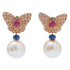 13 Mm Pearls, Diamonds, Rubies, Sapphires, Emeralds, 14 Kt Rose  Gold Earrings