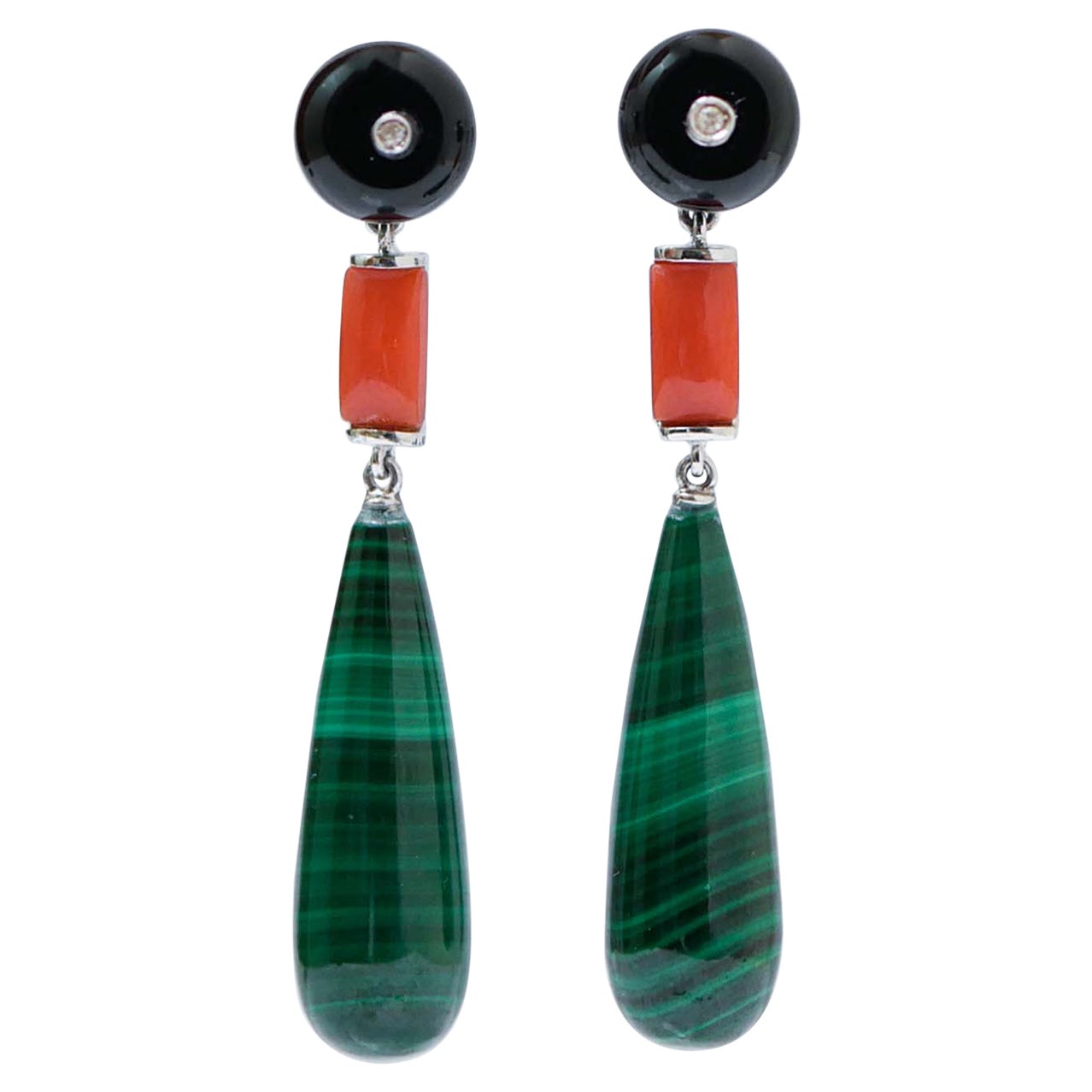 Onyx, Coral, Malakite, Diamonds, Platinum Earrings.