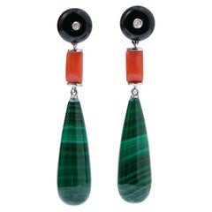 Onyx, Coral, Malakite, Diamonds, Platinum Earrings.