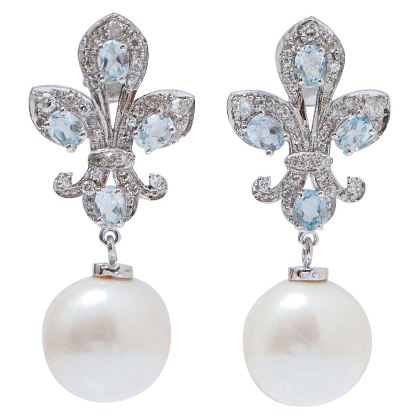 Pendientes de Oro Blanco de 14 Kt, Perlas Blancas de 13 Mm, Topacio Color Aguamarina, Diamantes