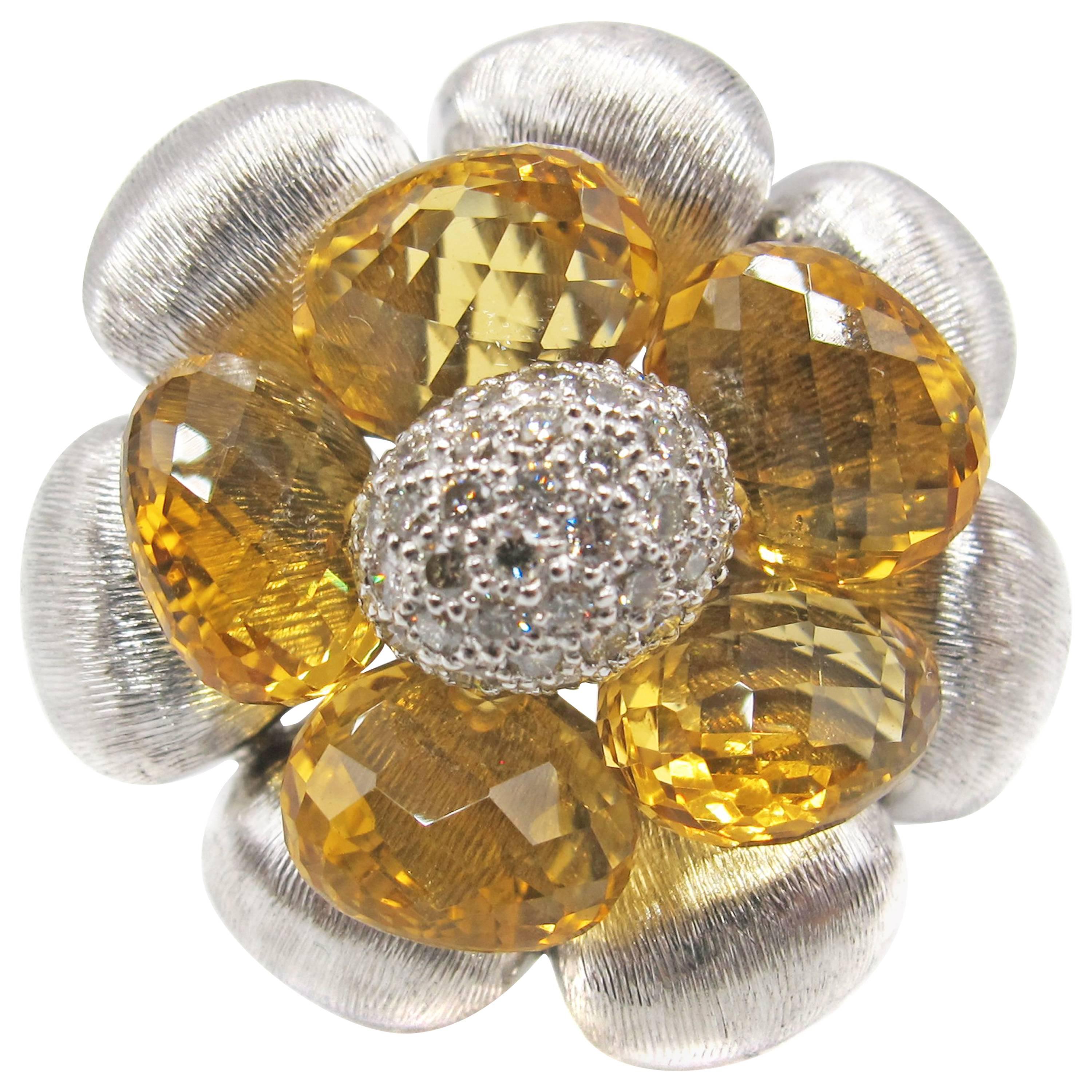 White Gold Diamond Citrine Flower Ring